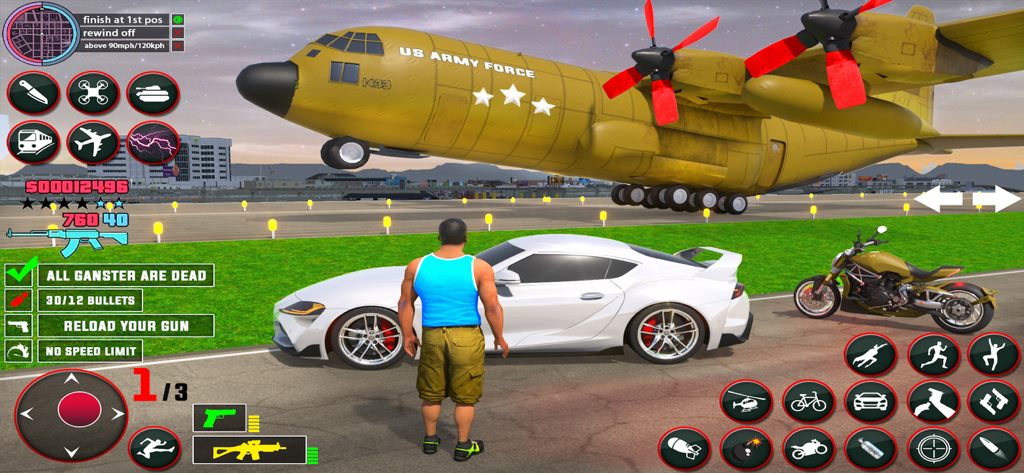 Army Transport Truck Sim 3D - A US Army cargo plane taking off from an airfield behind a sports car and military motorcycle in a 3D simulation game.
