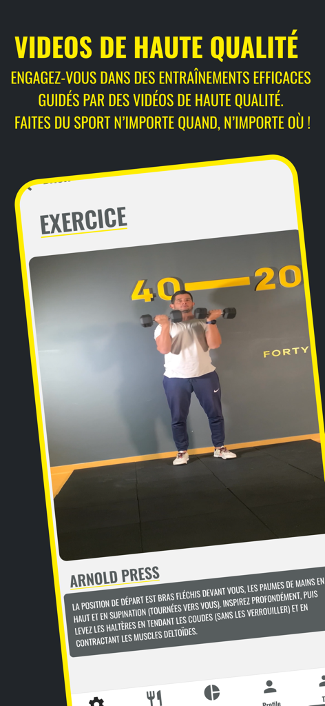 4020-App zeigt ein hochwertiges Fitnessvideo der Arnold Press-Übung