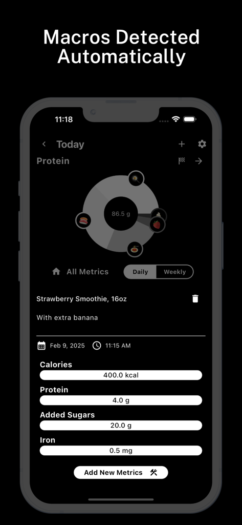 Chomp: Simple Macro Tracker - Interfaz de la app Chomp que muestra datos de nutrición detectados automáticamente como calorías y proteínas para un batido registrado