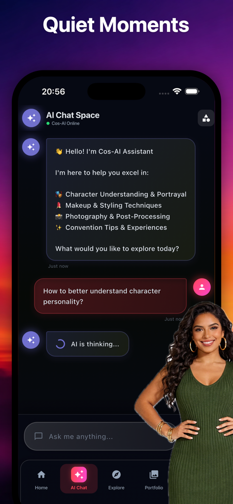 Nexus - Connect Together - Interface of the Nexus app AI Chat Space showing a conversation with the Cos-AI Assistant providing cosplay and character advice.