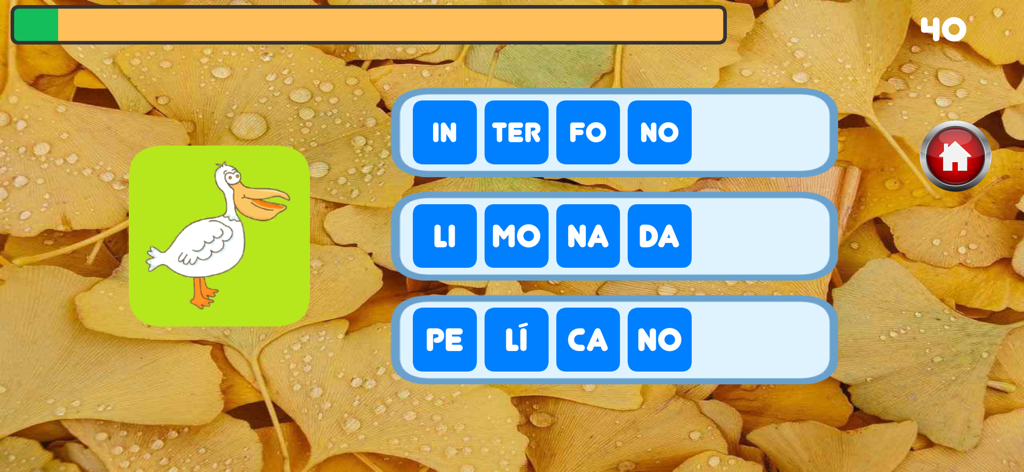 Sílabas y palabras Pro - Una captura de pantalla del juego educativo en español que muestra la ilustración de un pelícano y opciones de sílabas.