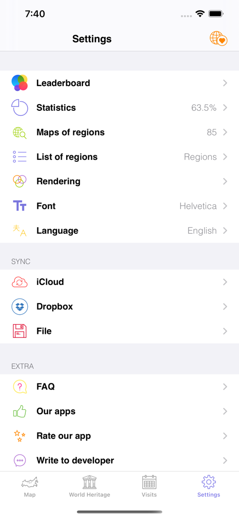 Settings screen of the Russia Travel app showing statistics and cloud sync options for iCloud and Dropbox