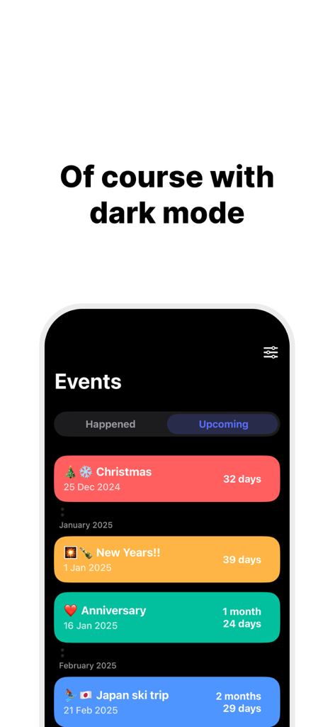 Countdown Widget - Track days - An iPhone screen showing the countdown app in dark mode with a list of upcoming events like Christmas and anniversaries