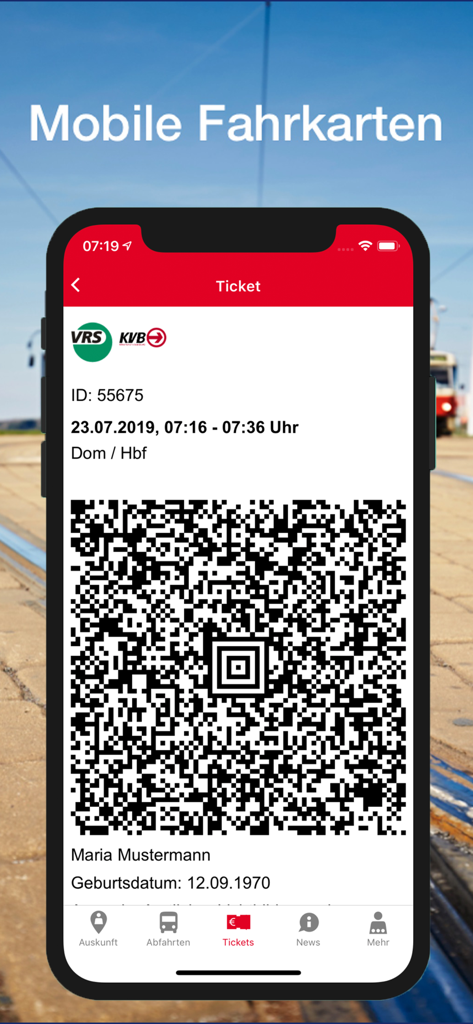 Smartphone screen showing a digital transit ticket with a QR code for Cologne public transport