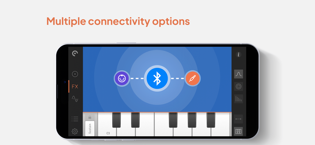 Pure Strings Instrument & AUv3 - iPhone screen of Pure Strings app showing multiple connectivity options including Bluetooth and MIDI icons