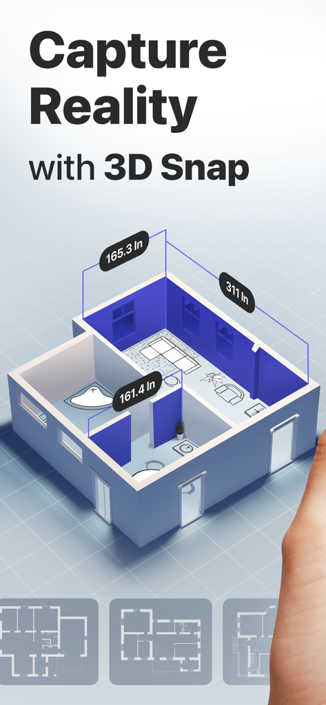3D Snap: LiDAR Scanner & Ruler - 3D Snap 앱으로 생성된 디지털 벽 측정 및 평면도 레이아웃을 보여주는 3D 방 모델.