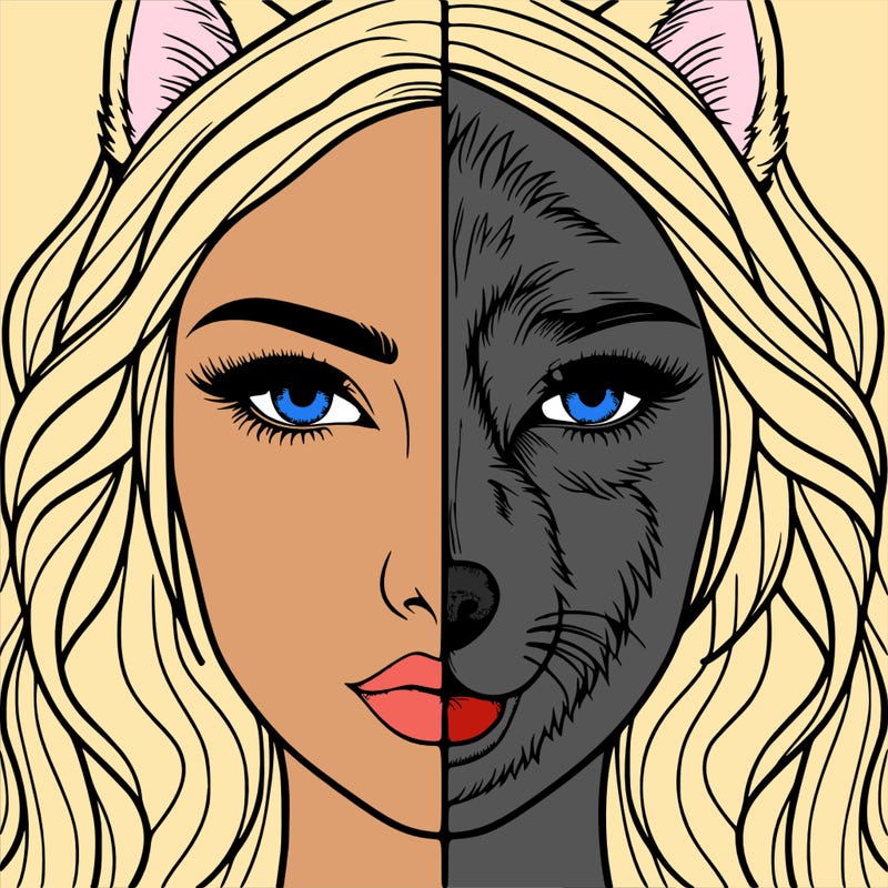 split face realistic woman and wolf