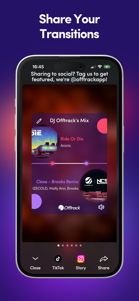 Offtrack mobile app screen showing options to share custom AI music transitions to TikTok and Instagram