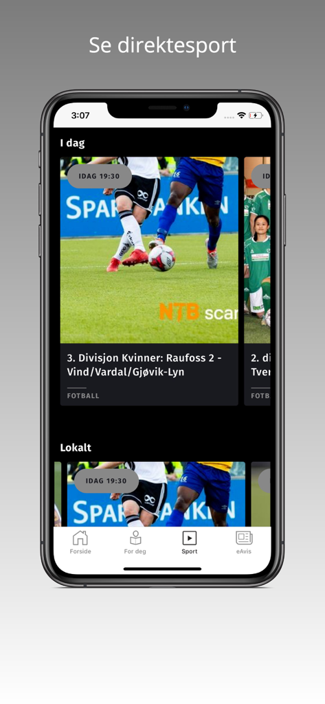 Jærbladet Nyheter - Jærbladet Nyheter mobile app interface showing the sports section with local Norwegian football news and live coverage options.