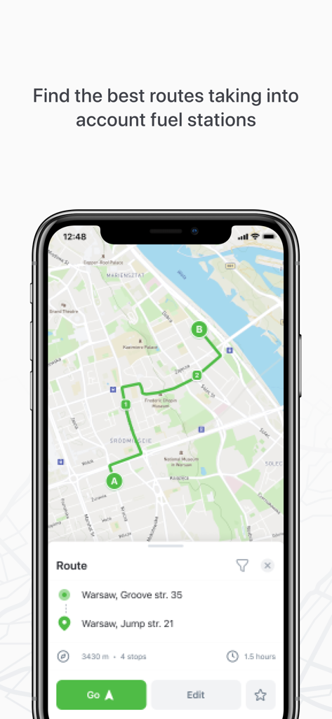 Tela do aplicativo E100 mobile mostrando uma rota planejada com paradas integradas em postos de combustível