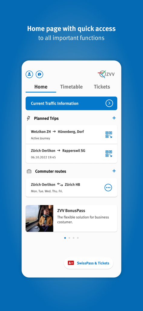 ZVV mobile app home page displaying transport connections and trip planning in Switzerland