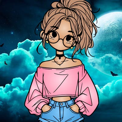 girl with a messy ponytail glasses a baggy crop top and jean shorts