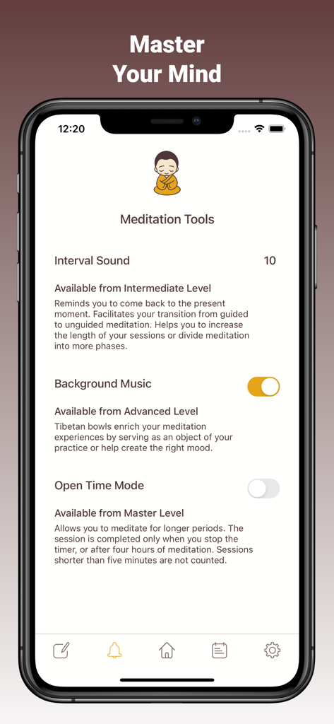 Screenshot of the Rituality app meditation tools screen featuring settings for interval sounds background music and open time mode.