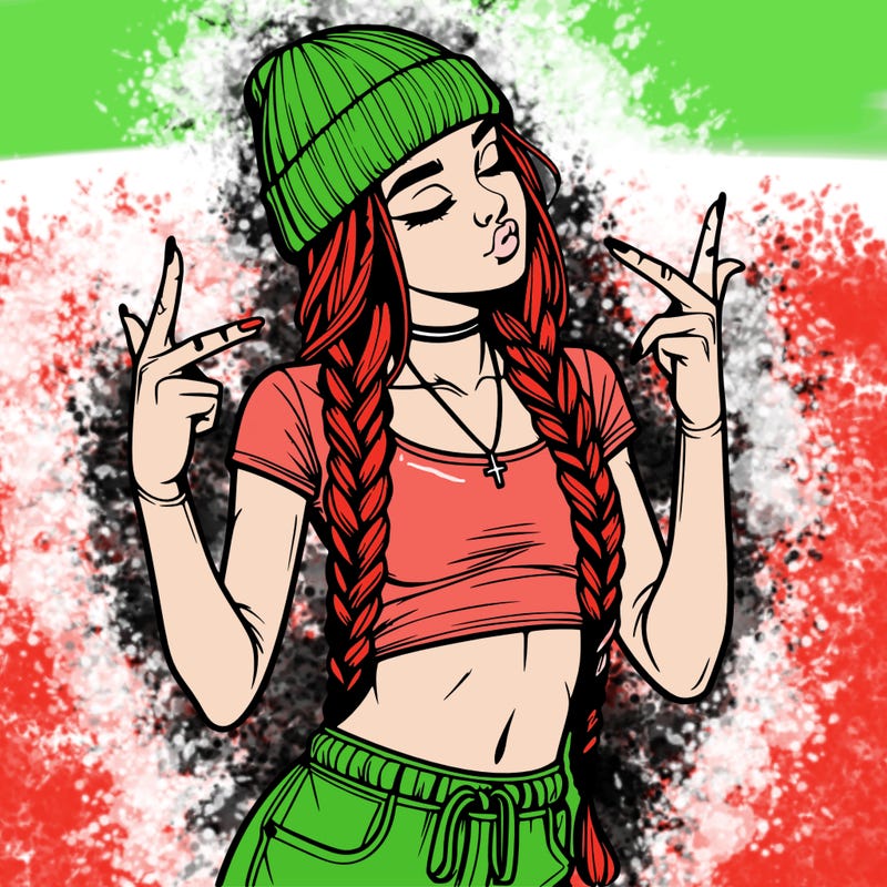 realistic teenage girl with braids and a beanie and crop top doing 🫶🏼