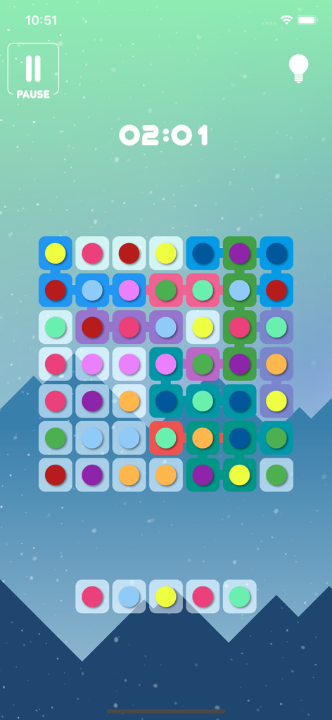 Uma grade de quebra-cabeça de busca de cores no jogo Symbol Series com um fundo relaxante de montanha.