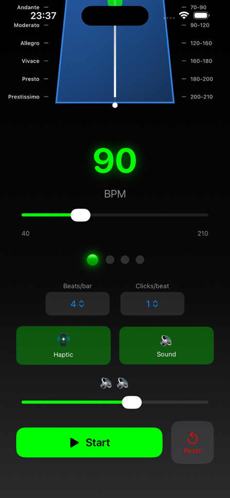 M@tronome - Interface do aplicativo móvel M@tronome mostrando uma configuração de tempo de 90 BPM com botões de alternância para feedback haptic e som.