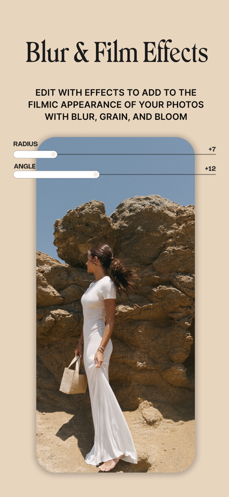 Phlow: Camera & Photo Editor - A mobile interface showing professional blur and film effect sliders over a photo of a woman in a white dress