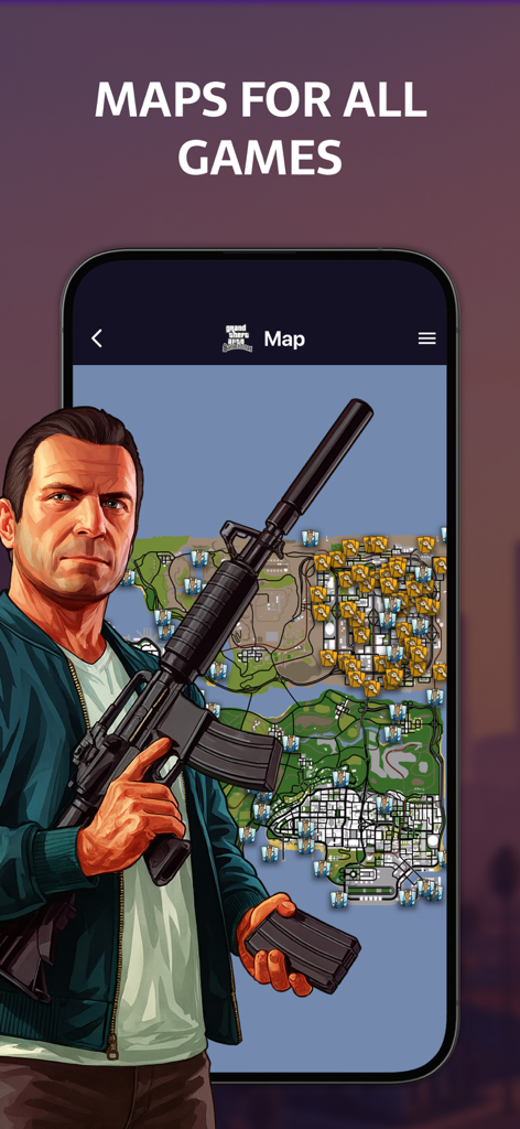 Screenshot der App Alle Cheats für GTA, der eine interaktive Spielkarte mit Standortmarkierungen anzeigt
