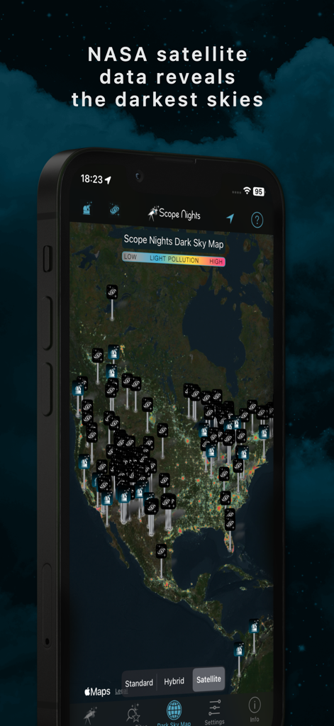Scope Nights Astronomy Weather - Scope Nights app on iPhone showing a light pollution map of North America for stargazing locations