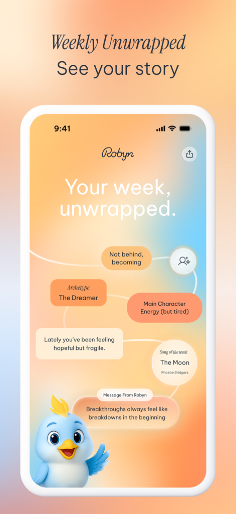 Robyn: Talk, Feel, Grow - Robyn app Weekly Unwrapped screen showing emotional insights and personal growth patterns