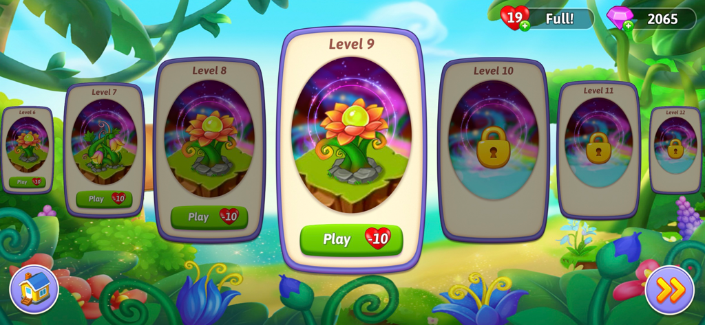 Merge Witches-Fun Puzzle Game - Pantalla de selección de niveles en Merge Witches que muestra etapas desbloqueadas y bloqueadas en un tema de jardín mágico