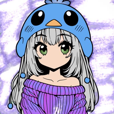 anime girl with chick shaped hat with sweater with bare shoulders with bangs covering them one eye with low tail
