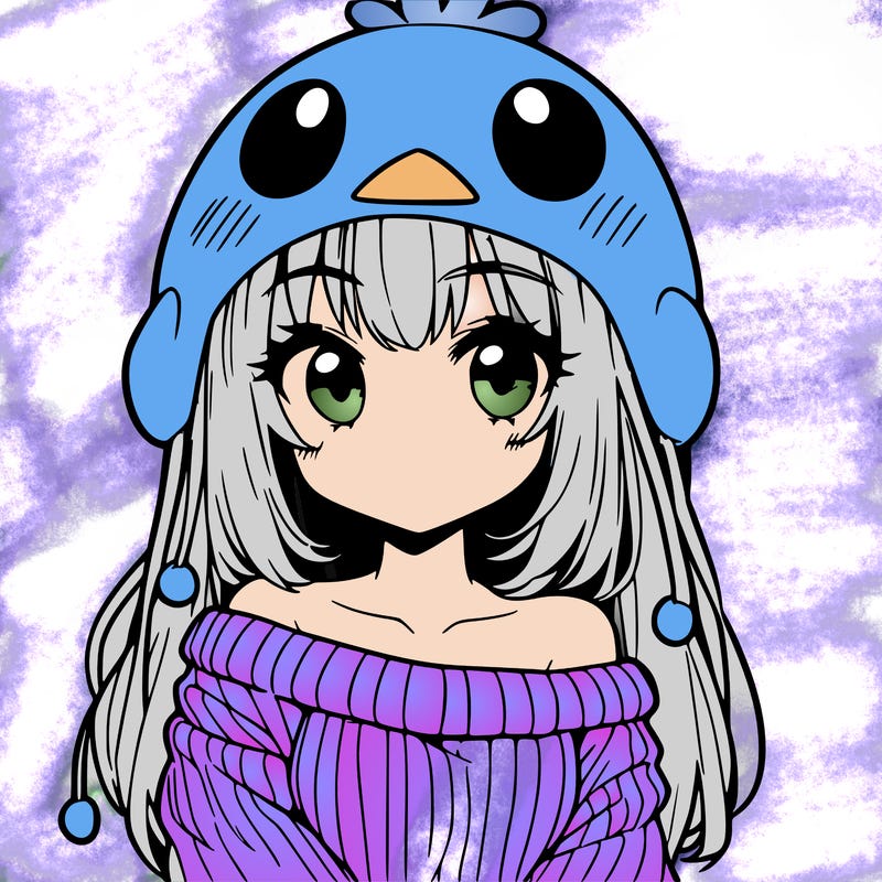 anime girl with chick shaped hat with sweater with bare shoulders with bangs covering them one eye with low tail