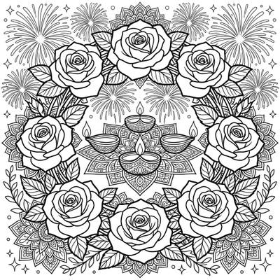 Immerse yourself in the spirit of Diwali with this intricate coloring page featuring elegant Hybrid Tea Roses. Discover a beautiful fusion of floral art and festive traditions, complete with diyas and rangoli patterns, ready for your creative touch.