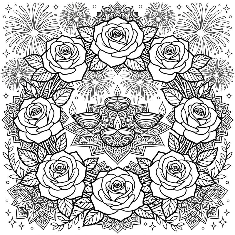 Immerse yourself in the spirit of Diwali with this intricate coloring page featuring elegant Hybrid Tea Roses. Discover a beautiful fusion of floral art and festive traditions, complete with diyas and rangoli patterns, ready for your creative touch.