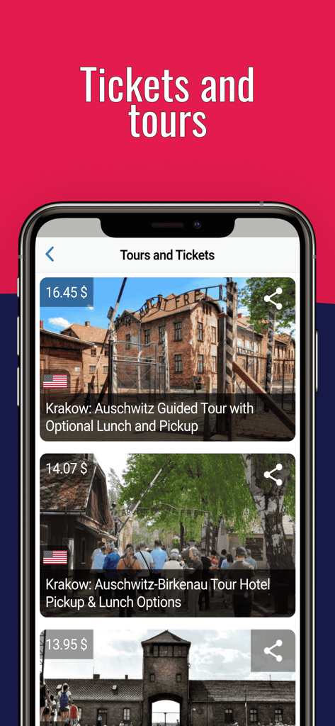 KRAKOW Guide Tickets & Hotels - Mobile app interface showing guided tours and tickets for Krakow attractions like Auschwitz Birkenau