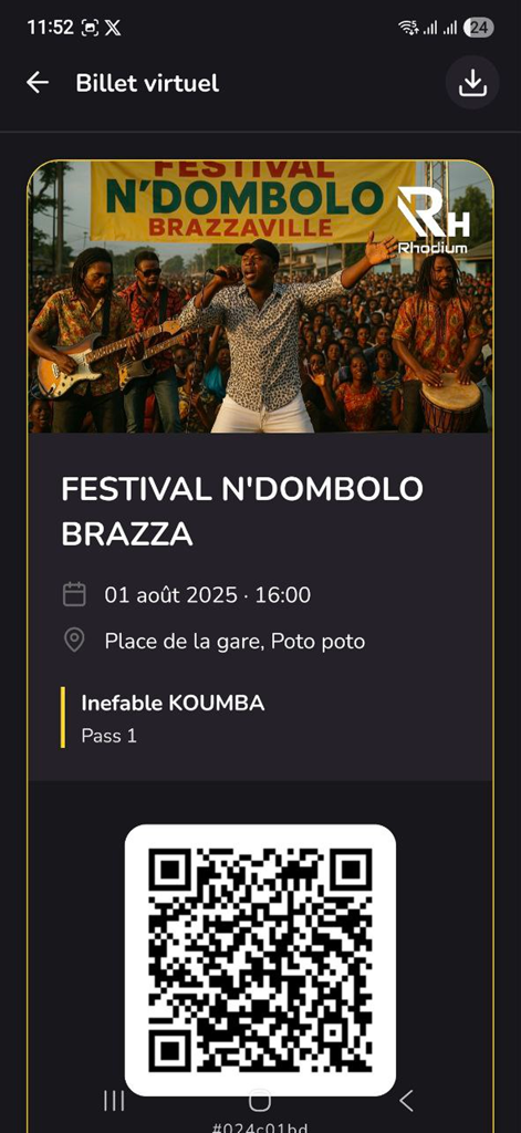 Rhodium - A virtual event ticket in the Rhodium app showing a QR code and festival details