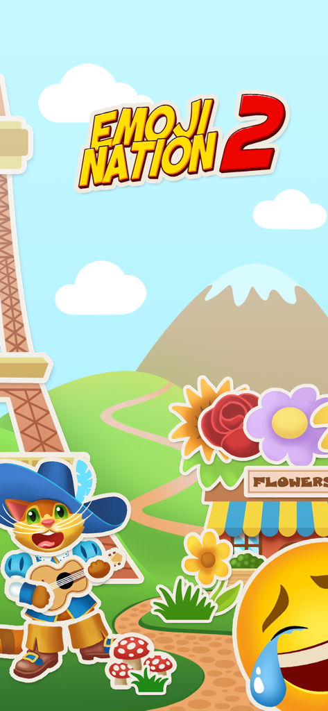 EmojiNation 2 - Pantalla de título del juego EmojiNation 2 con un gato de dibujos animados tocando la guitarra y un fondo de paisaje colorido