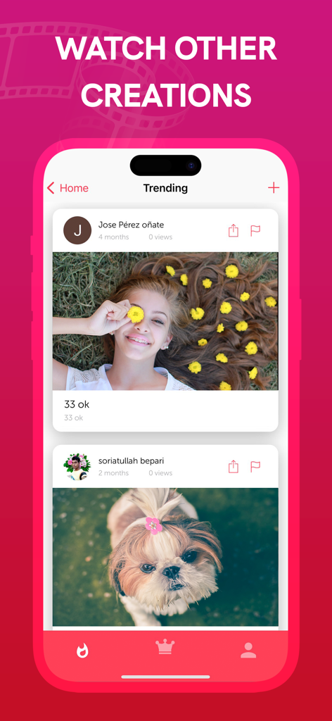 Vizmato: Video Editor & Maker - A mobile screen from the Vizmato app showing a trending feed of user-created videos featuring a girl with flowers and a small dog.