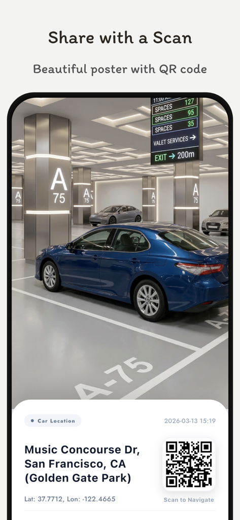 Where's My Car - GPS Tracker - Un póster de ubicación de estacionamiento con un código QR escaneable para compartir fácilmente la navegación
