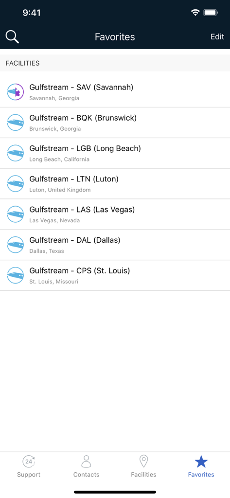 Favorites screen of the Gulfstream support app listing service facilities