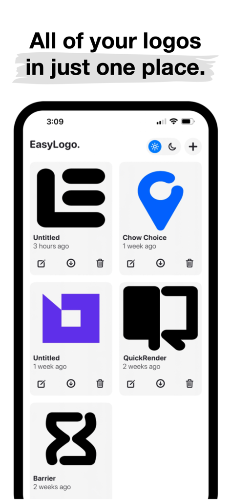 EasyLogo: Quick Logo Maker - Vue de galerie de plusieurs logos minimalistes créés et sauvegardés dans le tableau de bord de l'application EasyLogo
