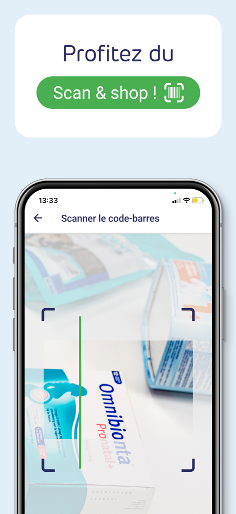 Smartphone using the Newpharma app to scan a product barcode with the Scan and Shop feature.