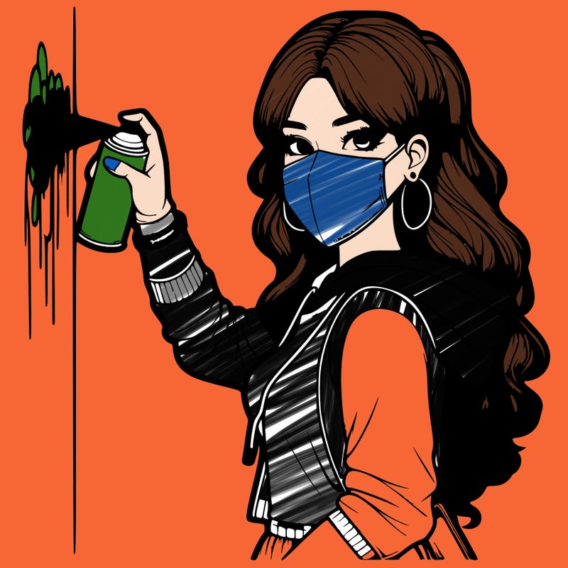 realistic girl with mask spray painting a wall