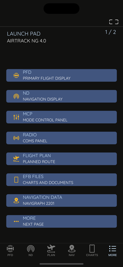 AirTrack NG app launch pad showing menu options for PFD, ND, MCP, and flight planning tools