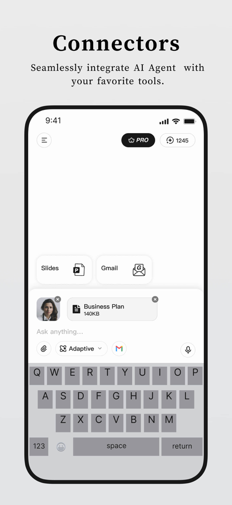 AI Agent - Super AI Assistant - Mobile app interface showing AI Agent connectors for Gmail and presentation slides