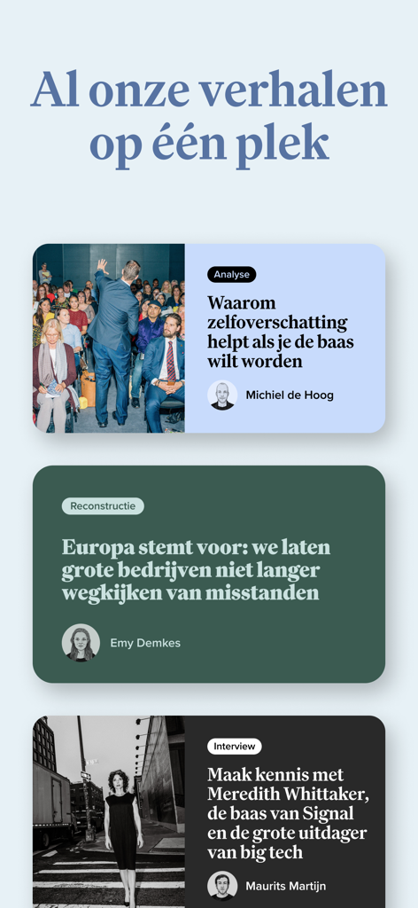De Correspondent - Screenshot of De Correspondent mobile app showing a list of news stories and investigative articles.