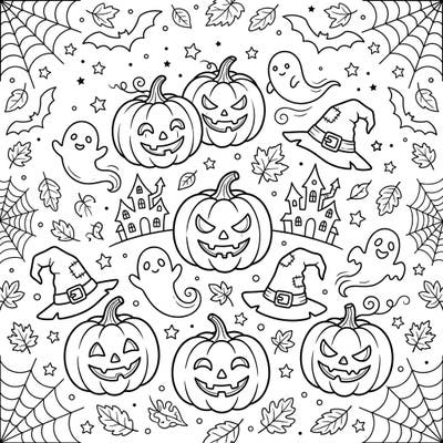 Dive into the festive spirit with this adorable Halloween coloring page, showcasing a lively scene filled with sweet pie pumpkins transformed into grinning jack-o'-lanterns. It's the perfect canvas for creative minds ready to bring spooky characters and autumn elements to life.