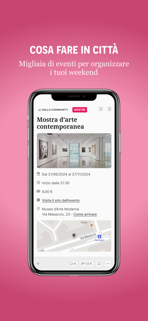 Pantalla de la aplicación PalermoToday mostrando una guía local de exposiciones de arte contemporáneo y detalles de eventos