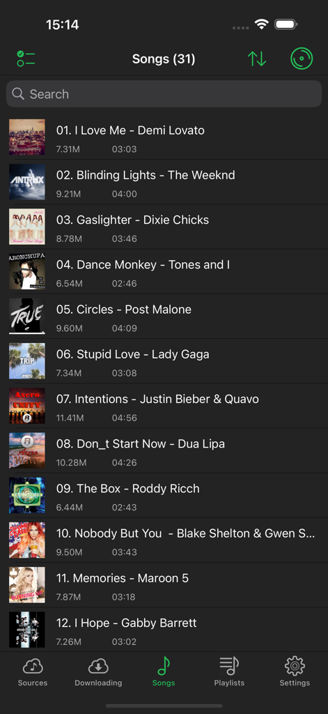 Mobile app interface showing a list of songs with artist names and file sizes for offline playback