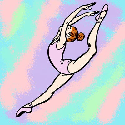 gymnast doing a leap in a leotard with a bent back leg