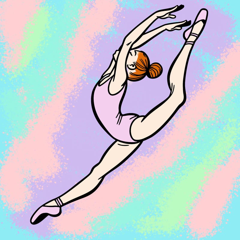 gymnast doing a leap in a leotard with a bent back leg