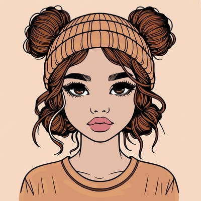 realistic girl with buns in her hair with a beanie on