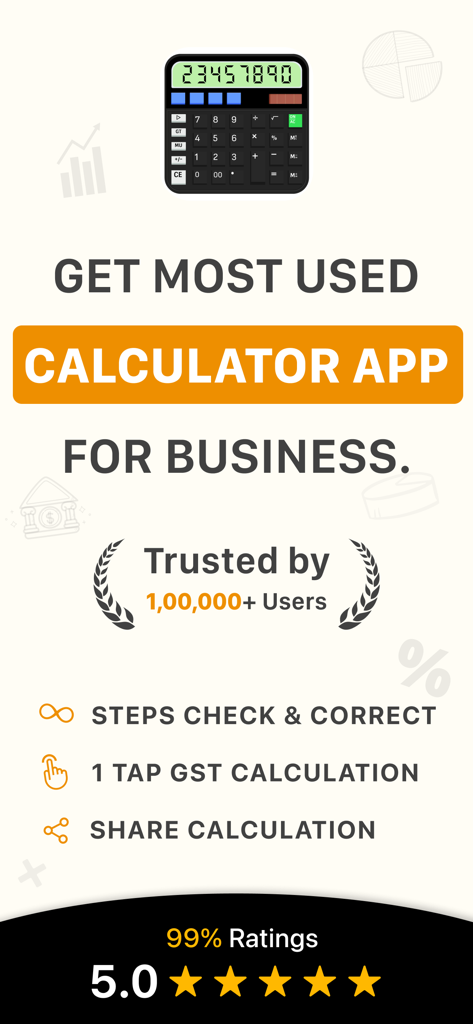 Citizen Calculator app promotional screen highlighting business features and 5 star rating