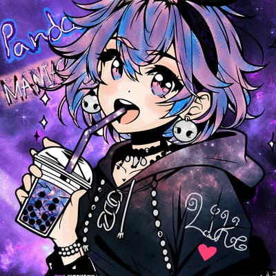 hot baddie anime girl drinking boba and biting the straw