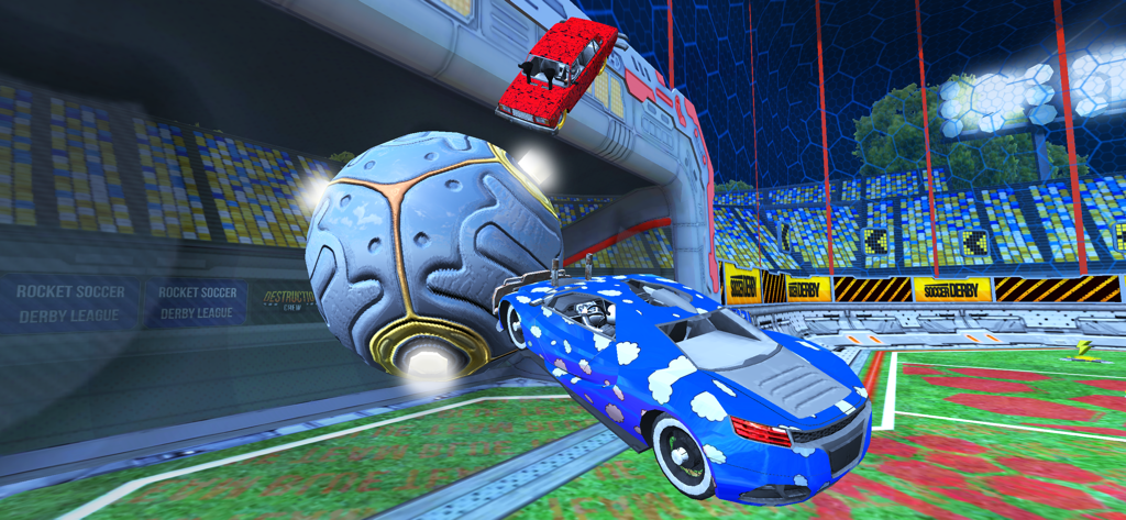 A blue car hitting a giant soccer ball in a futuristic stadium arena.